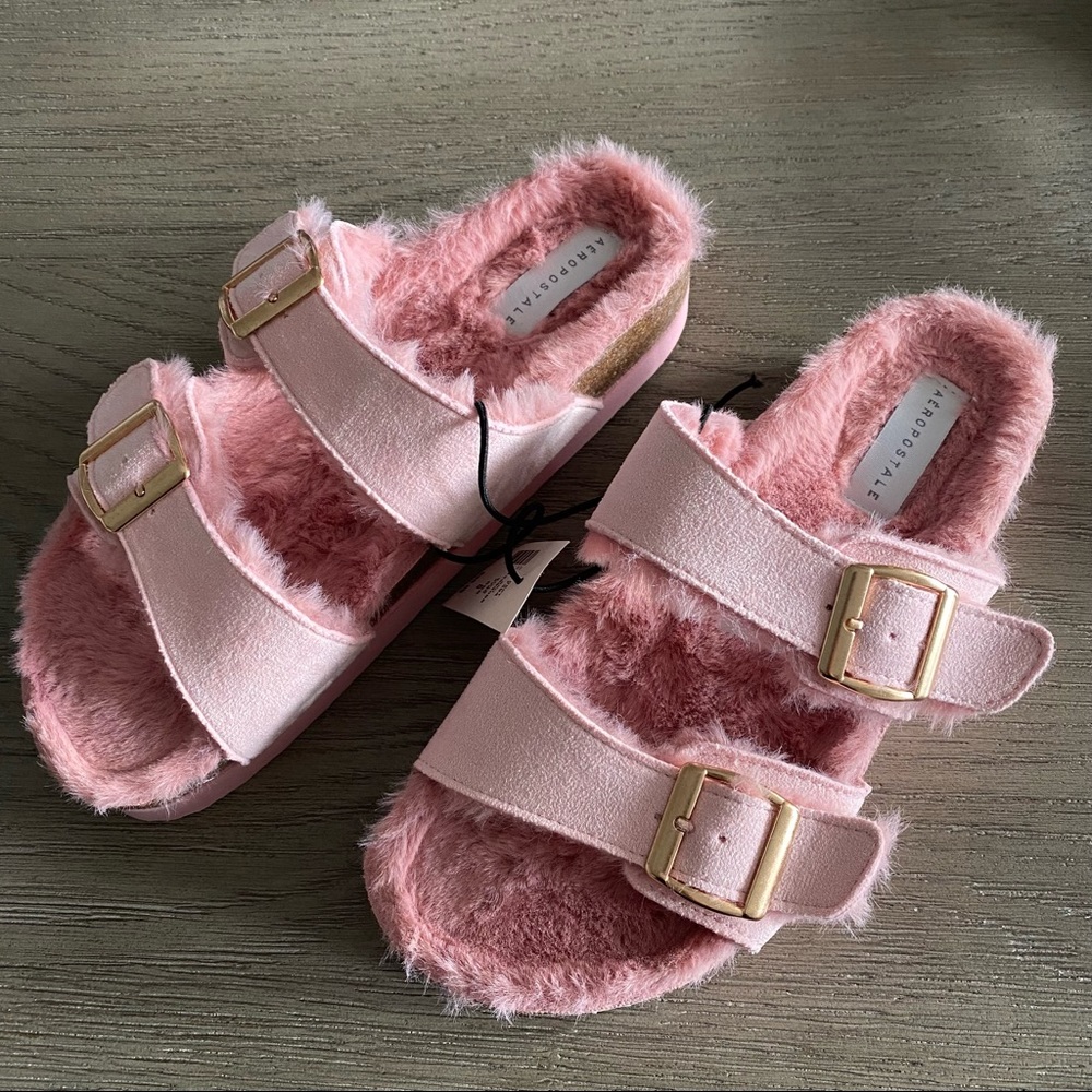 Pink furry sandals